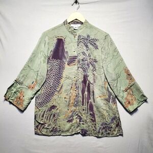 Citron Santa Monica 100% Silk Koi Fish Blouse Womens M Asian Art Boho Luxe Top
